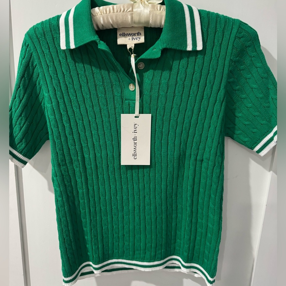 NWT Ellsworth + Ivey Green Cable Knit Polo Sweater XS Preppy
